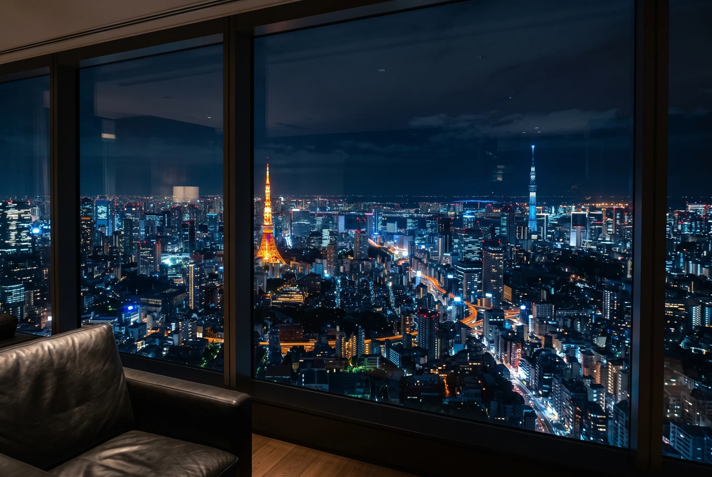 高層階の窓から見下ろす東京の夜景