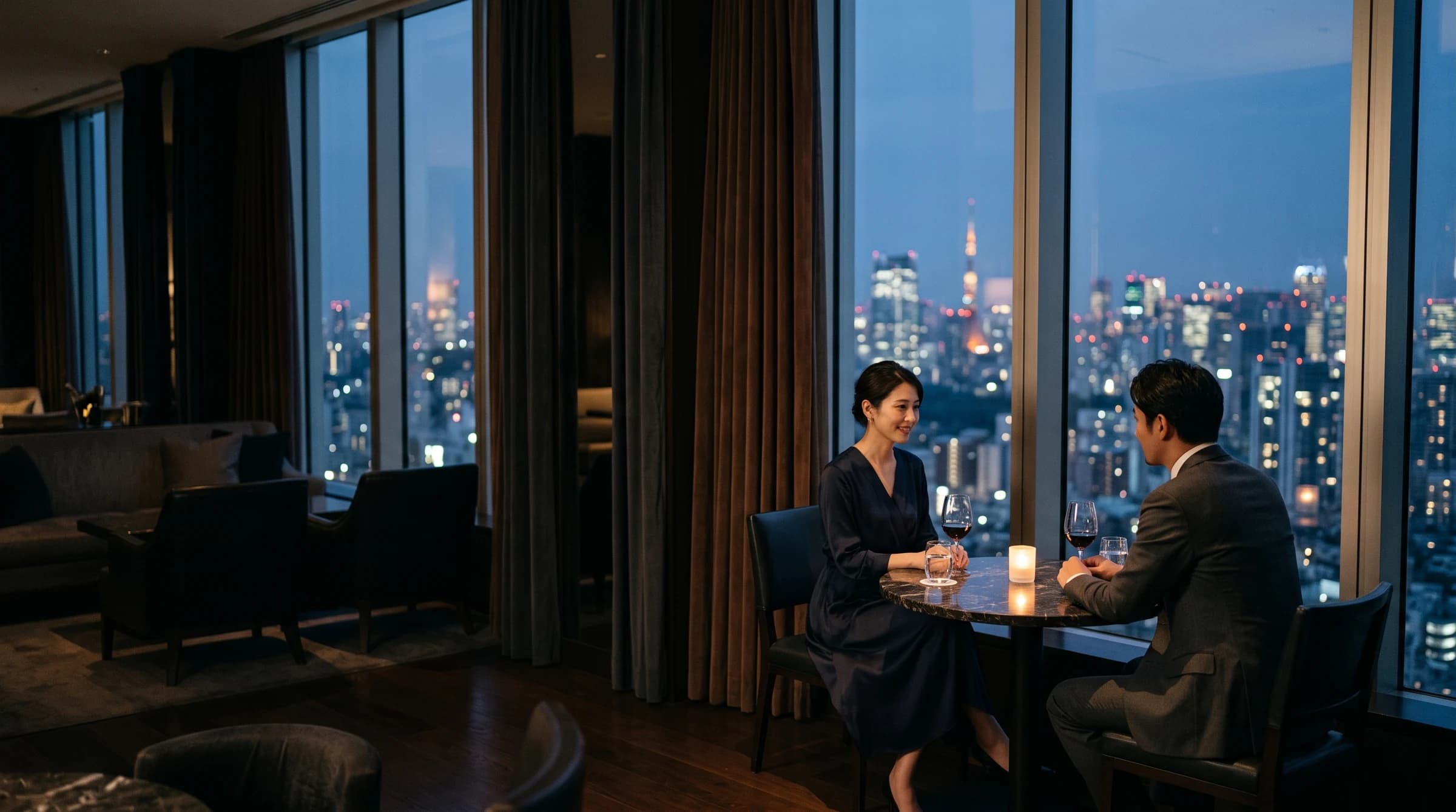 夕暮れの高層ラウンジで語らう大人の男女
